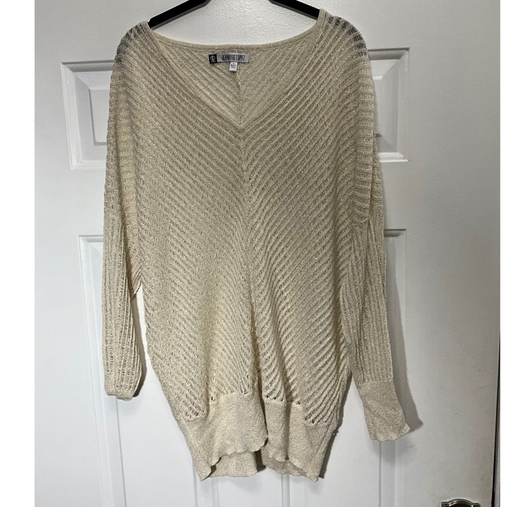 Jennifer Lopez Womens Metallic Knit V-Neck Sweater Cream Gold Shimmer Large